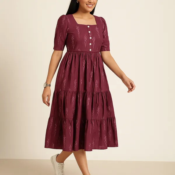 Maroon_Tiered_Midi_Dress_With_Ikat_Print_And_Button_Detail