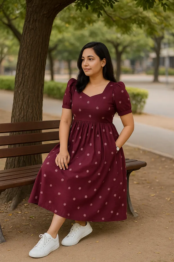 Maroon_Tiered_Midi_Dress_With_Ikat_Print_And_Button_Detail
