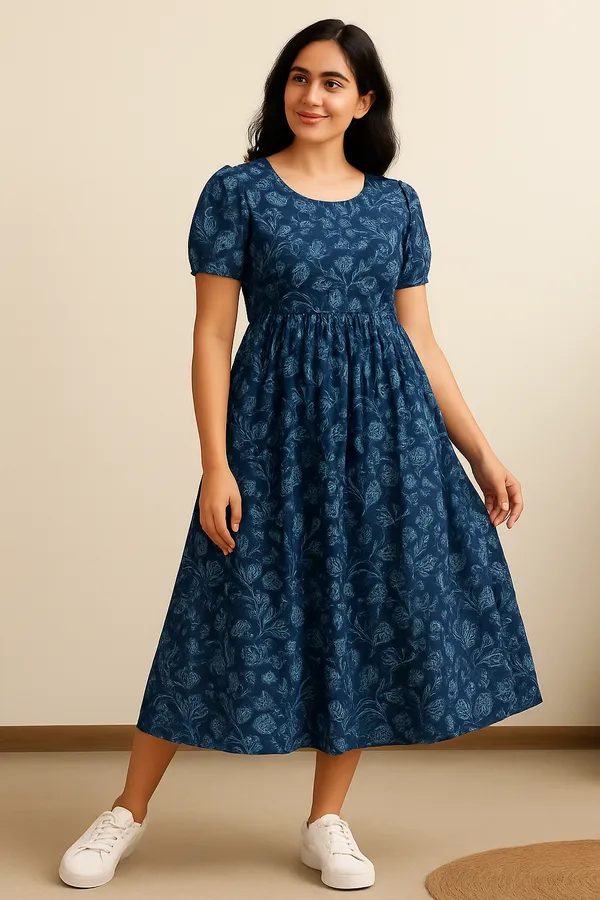 Womens_Navy_Blue_Floral_Print_Midi_Dress_With_Puff_Sleeves