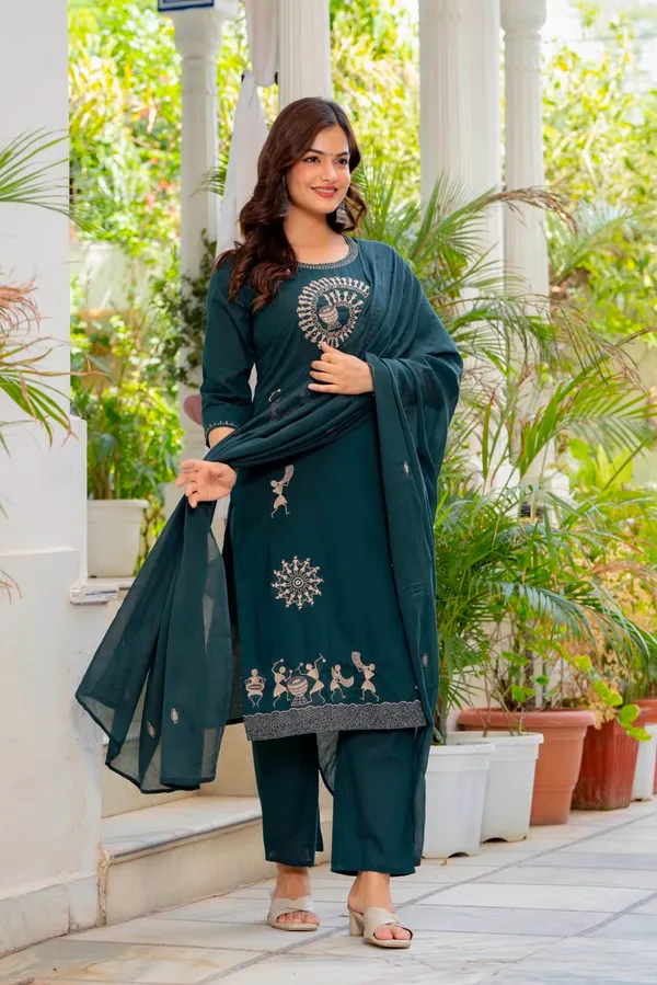 Teal_Warli_Print_Straight_Kurta_For_Women