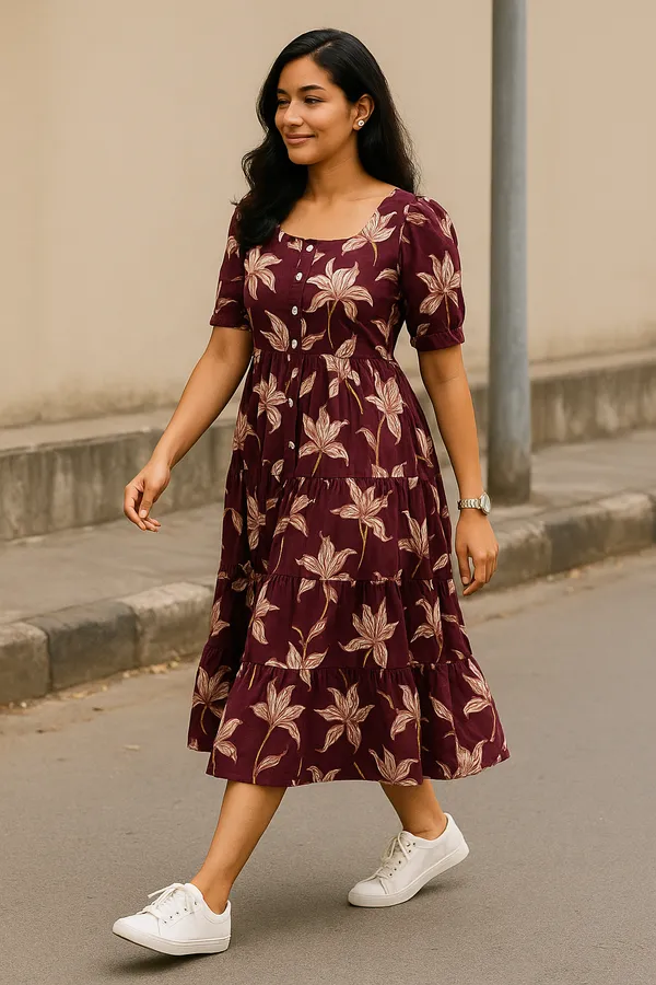 Maroon_Floral_Print_Midi_Dress_With_Short_Sleeves