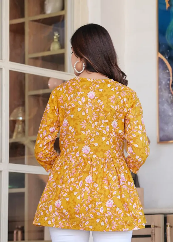 Mustard_Yellow_Floral_Printed_Gathered_Top_For_Women