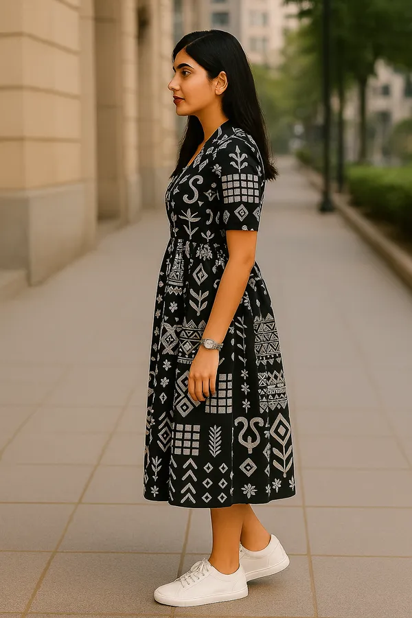 Black_Geometric_Print_Collared_Shirt_Dress_With_Belt