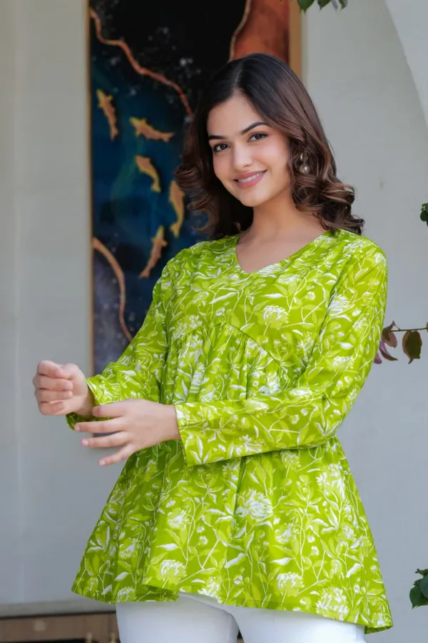 Womens_Lime_Green_Floral_Print_Flared_Tunic_Top