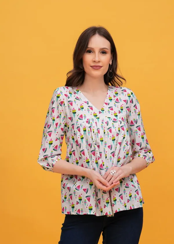 White_Printed_V_Neck_Gathered_Top_With_Ice_Cream_And_Watermelon_Print