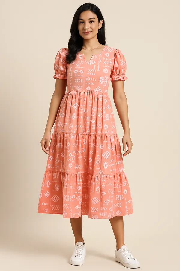 Coral_Pink_Printed_Tiered_Midi_Dress_With_Puff_Sleeves