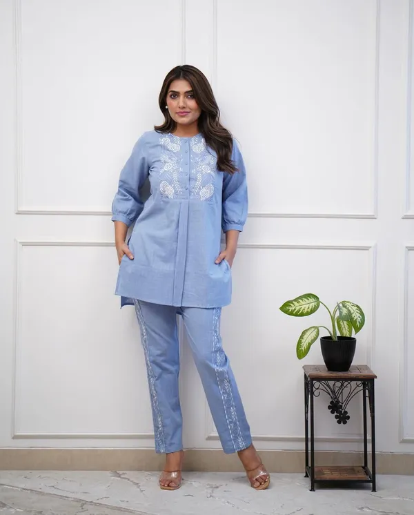 Powder_Blue_Embroidered_Cotton_Kurta_Pant_Set