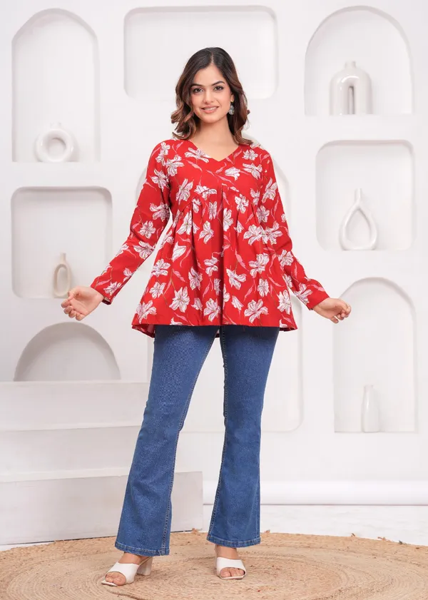Red_Floral_Print_Pleated_Womens_Top