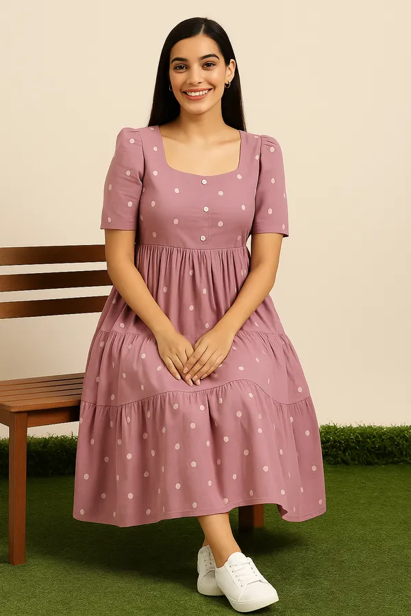 Dusty_Pink_Polka_Dot_Midi_Dress_With_Puff_Sleeves