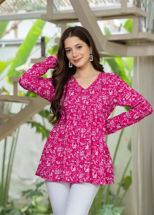 Womens_Pink_Floral_Print_Gathered_Tunic_Top