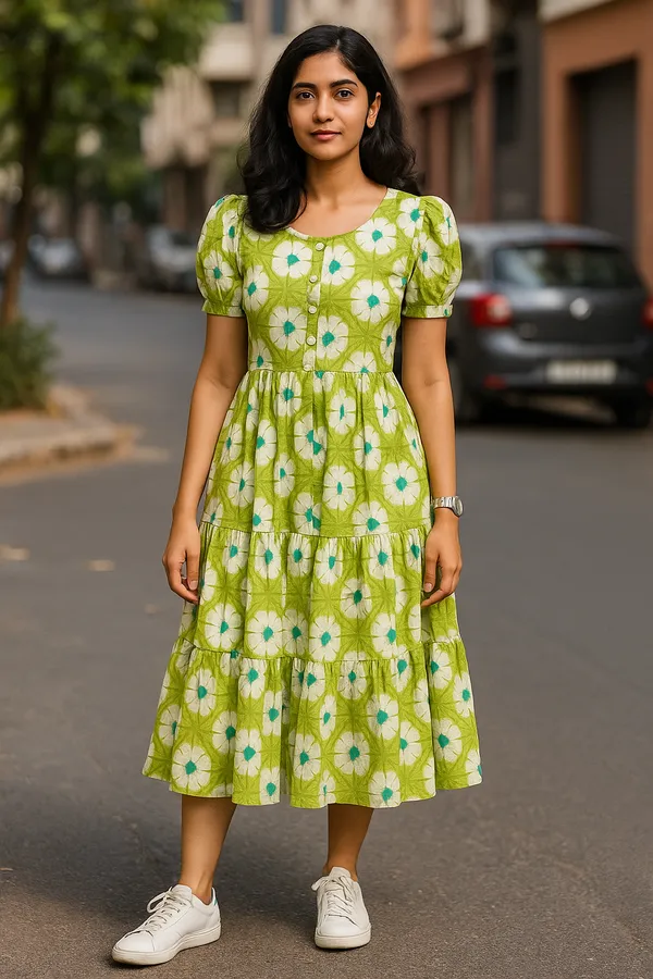 Green_Floral_Print_Puff_Sleeve_Tiered_Midi_Dress