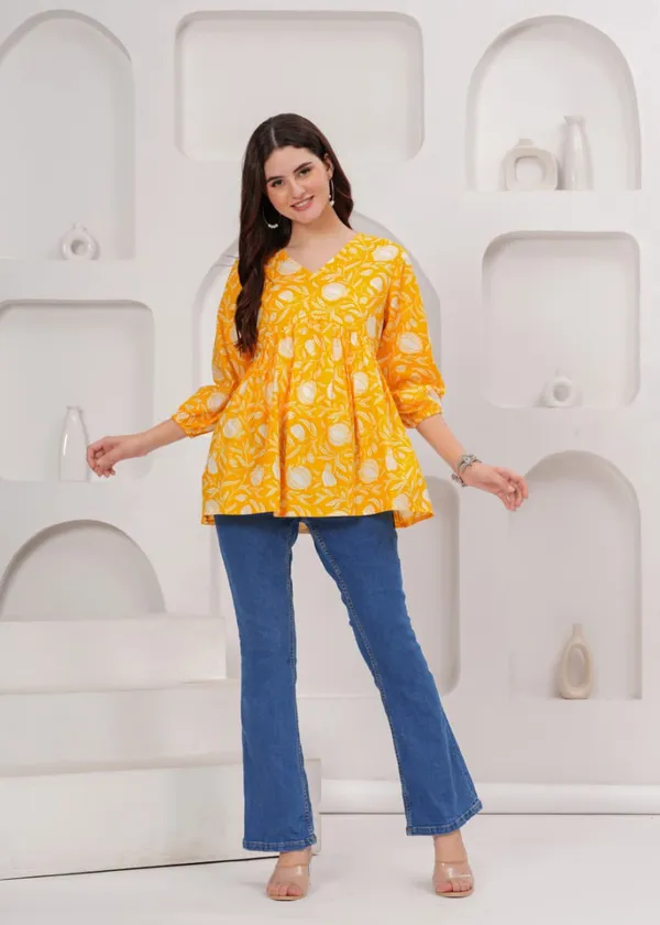 Yellow_Floral_Print_V_Neck_Gathered_Tunic_Top_For_Women