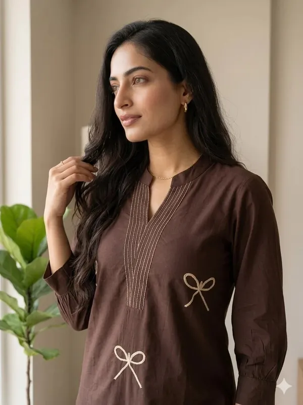 Brown_Cotton_Embroidered_Bow_Detail_Straight_Kurta_Set_for_Women