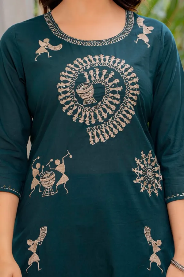 Teal_Warli_Print_Straight_Kurta_For_Women