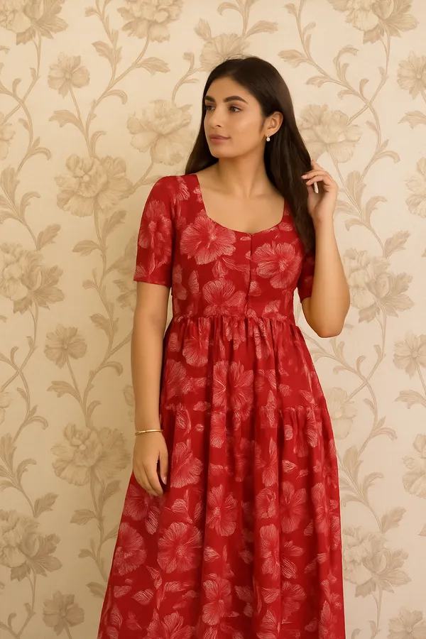 Red_Floral_Print_Gathered_Midi_Dress_With_Short_Sleeves