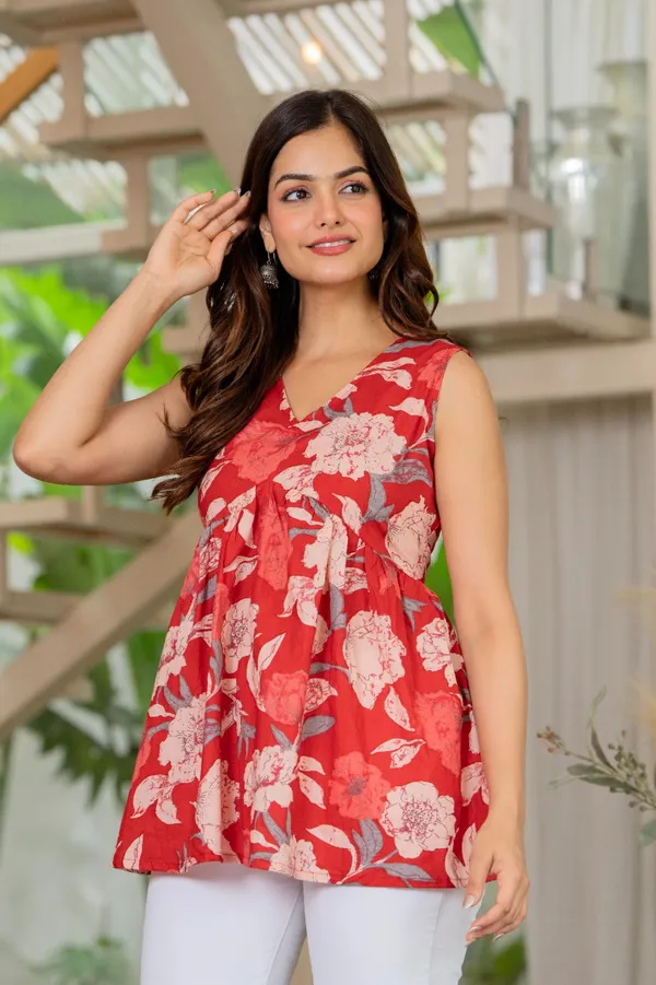 Red_Floral_Printed_Sleeveless_Peplum_Top_With_White_Pants_Co_Ord_Set