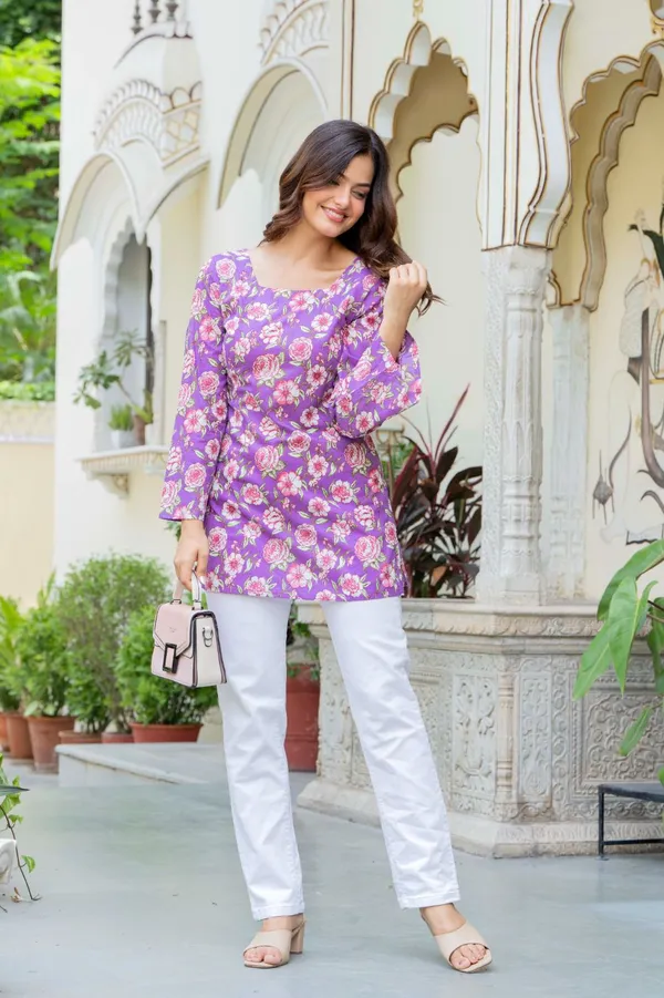 Purple_Floral_Print_Long_Sleeve_Tunic_Top_For_Women