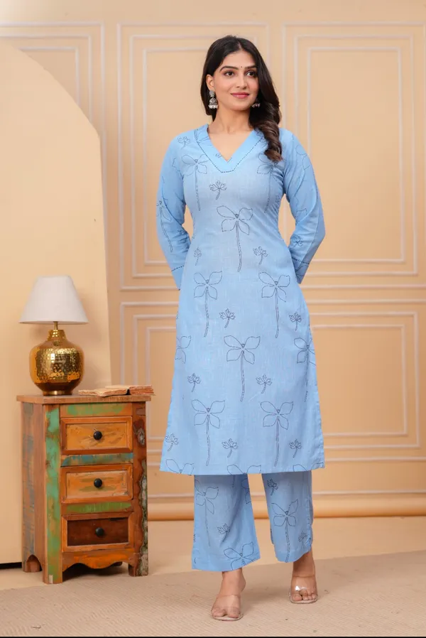 Light_Blue_Floral_Embroidered_Cotton_Kurti_With_Palazzo_Set