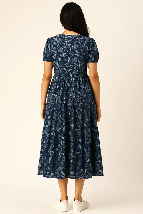 Womens_Navy_Blue_Floral_Print_Midi_Dress_With_Puff_Sleeves