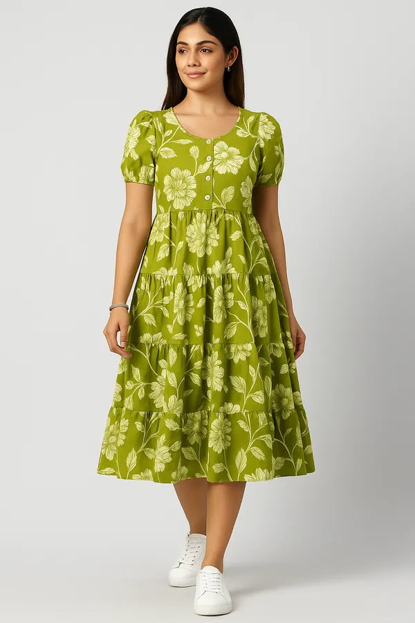 Womens_Green_Floral_Print_Tiered_Midi_Dress_With_Puff_Sleeves