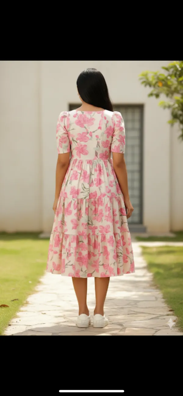 Pink_Floral_Print_Tiered_Midi_Dress_For_Women