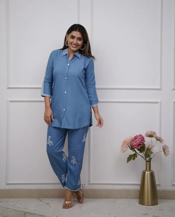 Blue_Embroidered_Collar_Shirt_And_Pant_Co_Ord_Set_For_Women