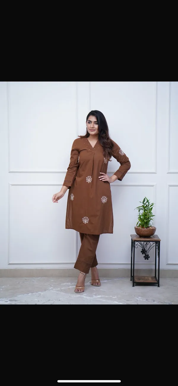 Brown_Embroidered_Kurti_With_Pants_Set