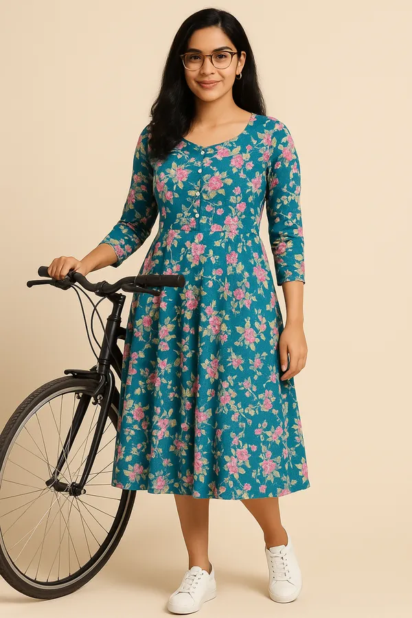 Womens_Teal_Blue_Floral_Print_Midi_Dress_With_3/4_Sleeves