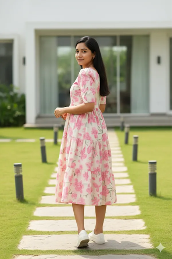 Pink_Floral_Print_Tiered_Midi_Dress_For_Women