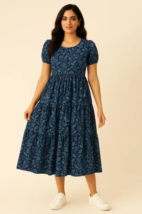 Womens_Navy_Blue_Floral_Print_Midi_Dress_With_Puff_Sleeves