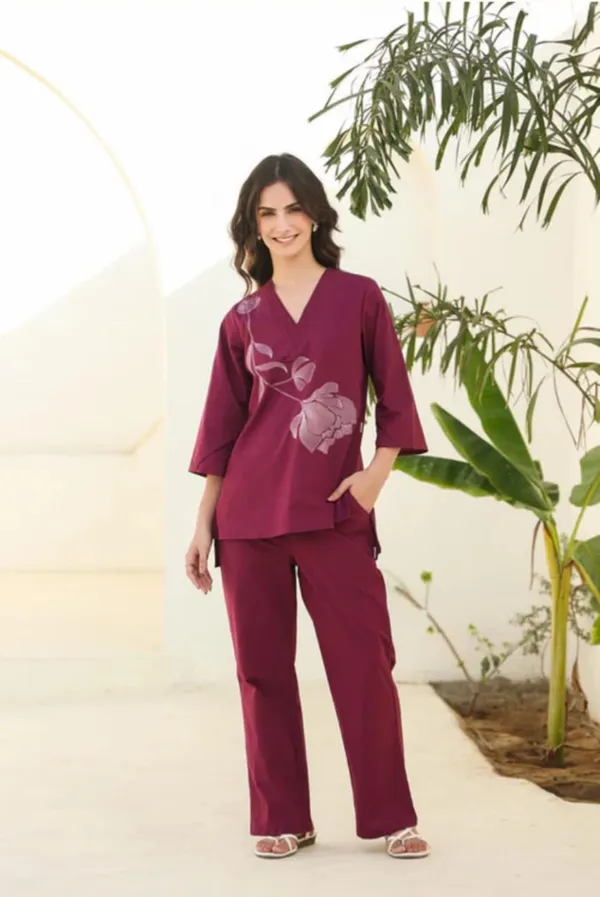 Maroon_Floral_Embroidered_Cotton_Night_Suit_Set