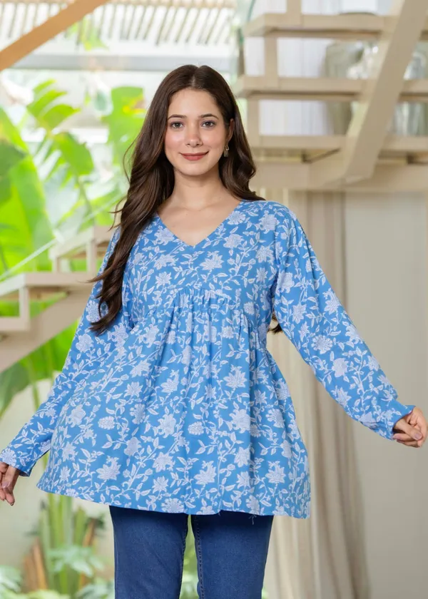 Womens_Blue_Floral_Printed_V_Neck_Tunic_Top_With_Long_Sleeves