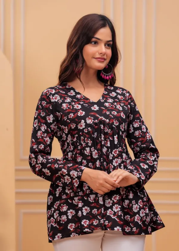 Black_Floral_Print_V_Neck_Long_Sleeve_Gathered_Top