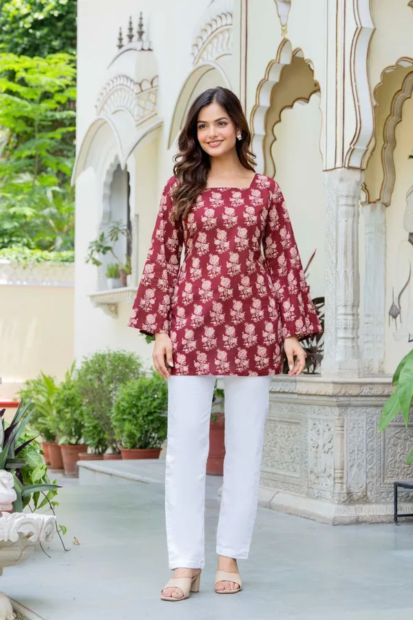 Maroon_Floral_Printed_Ethnic_Tunic_With_Lace_Up_Back_Detail