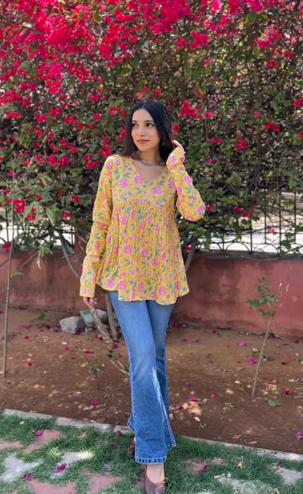 Yellow_Floral_Printed_Smocked_Long_Sleeve_Tunic_Top_For_Women