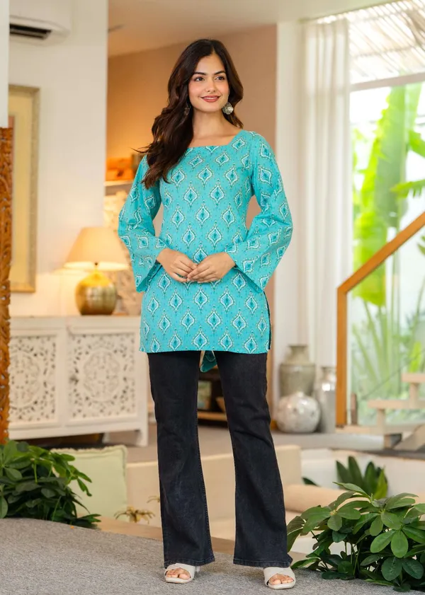 Turquoise_Blue_Printed_Kurti_Top_With_Back_Lace_Up_Detail