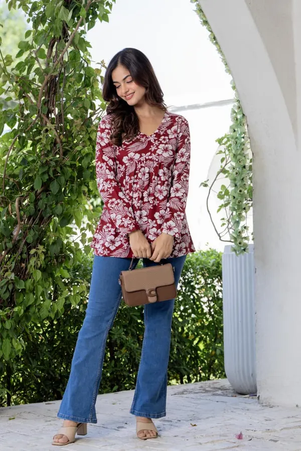 Maroon_Floral_Print_Flared_Top_For_Women