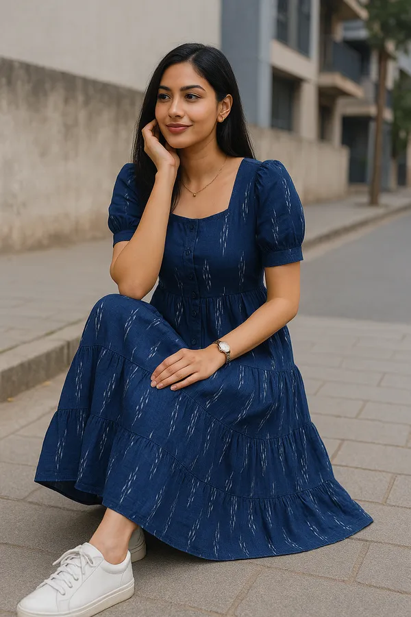 Womens_Royal_Blue_Ikat_Print_Tiered_Midi_Dress_With_Puff_Sleeves