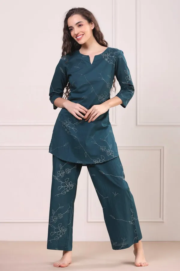 Teal_Printed_Kurta_And_Palazzo_Pants_Night_Suit_Set_For_Women