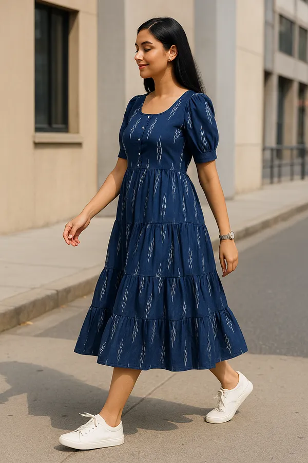 Womens_Royal_Blue_Ikat_Print_Tiered_Midi_Dress_With_Puff_Sleeves