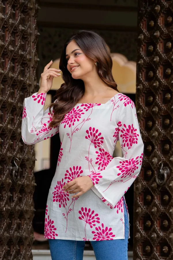 White_Floral_Print_Tunic_Top_With_Bell_Sleeves