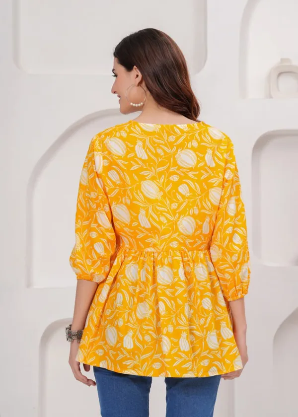 Yellow_Floral_Print_V_Neck_Gathered_Tunic_Top_For_Women