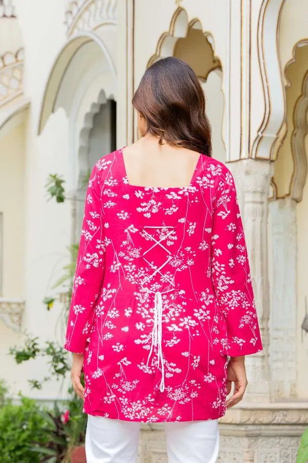 Hot_Pink_Floral_Print_Bell_Sleeve_Top_For_Women