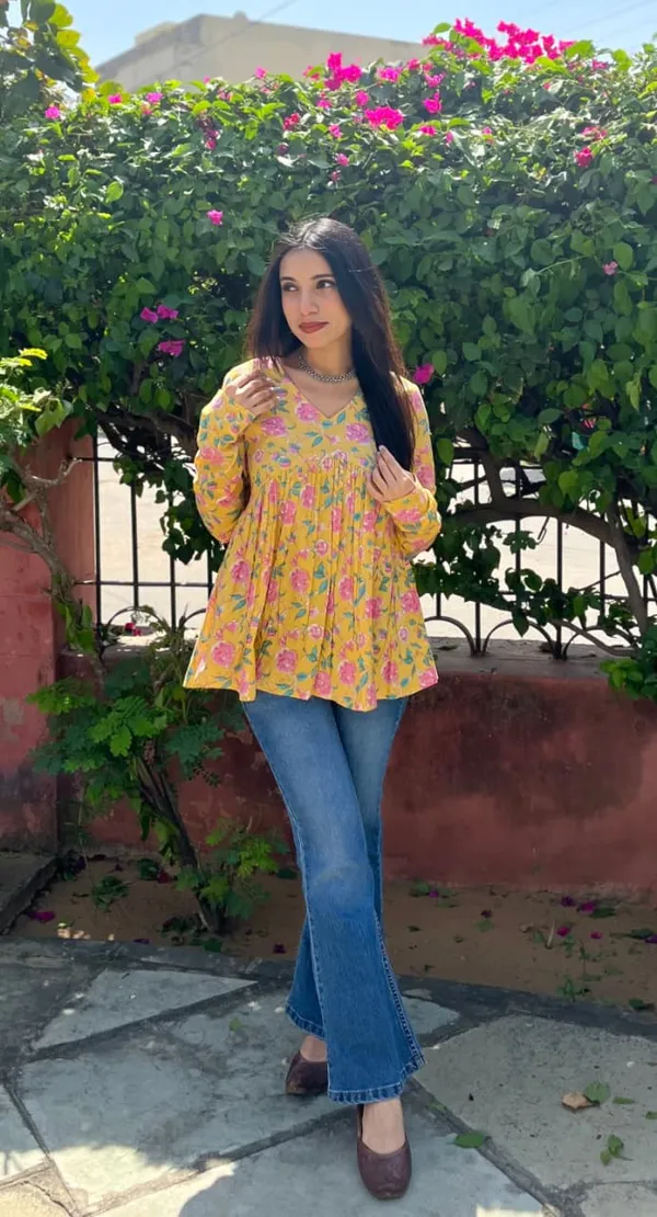Yellow_Floral_Printed_Smocked_Long_Sleeve_Tunic_Top_For_Women