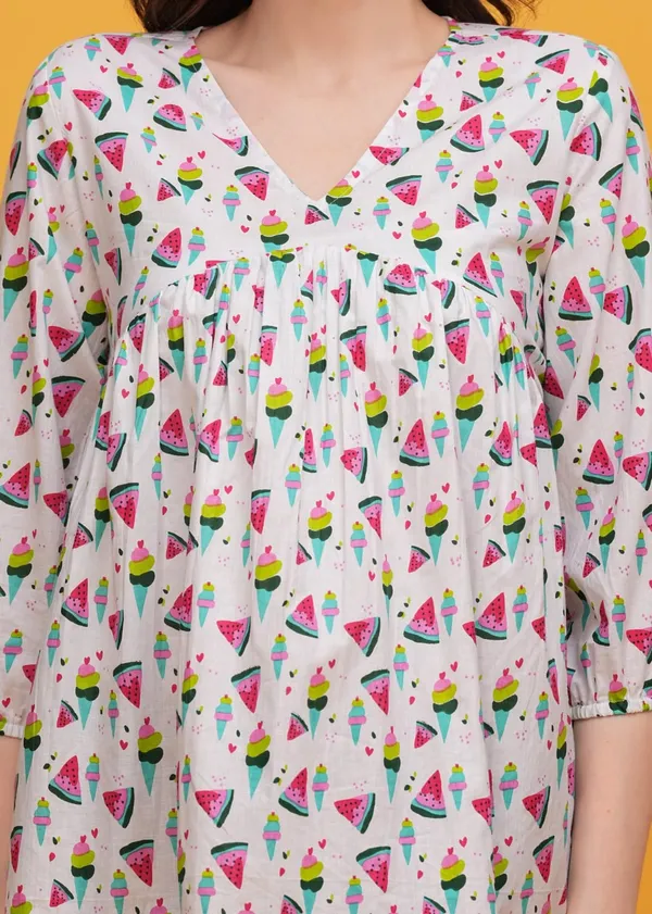 White_Printed_V_Neck_Gathered_Top_With_Ice_Cream_And_Watermelon_Print