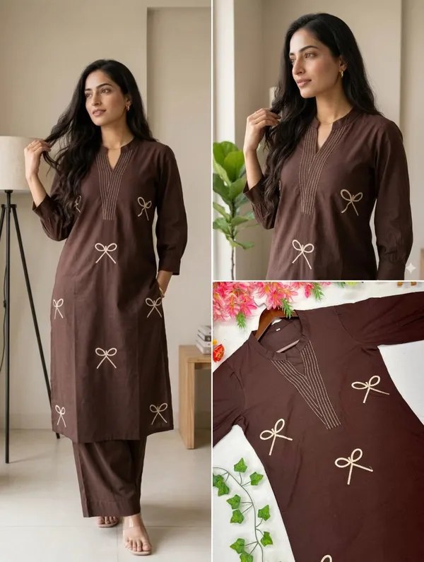 Brown_Cotton_Embroidered_Bow_Detail_Straight_Kurta_Set_for_Women