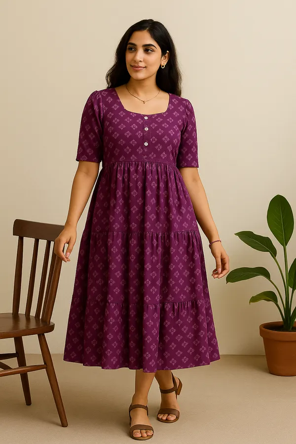 Purple_Floral_Print_A_Line_Midi_Dress_With_Button_Detail