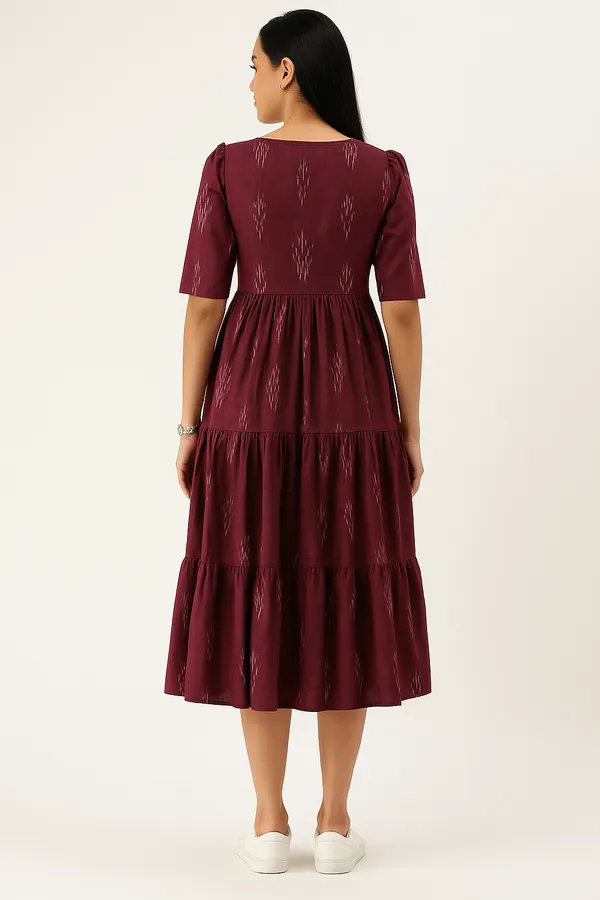 Maroon_Tiered_Midi_Dress_With_Ikat_Print_And_Button_Detail