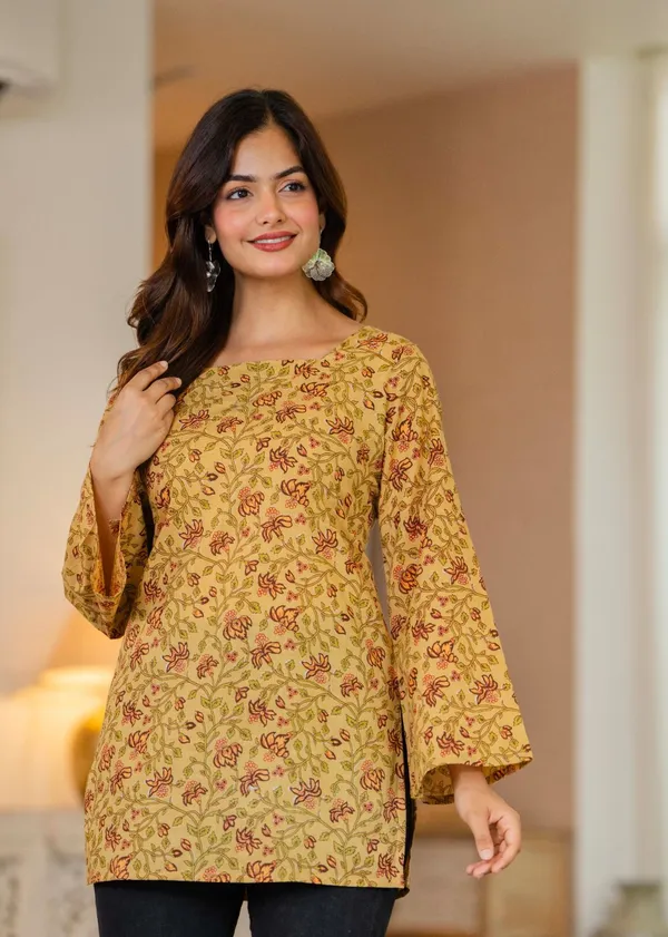 Womens_Mustard_Yellow_Floral_Print_Tunic_Top_With_Lace_Up_Back_Detail