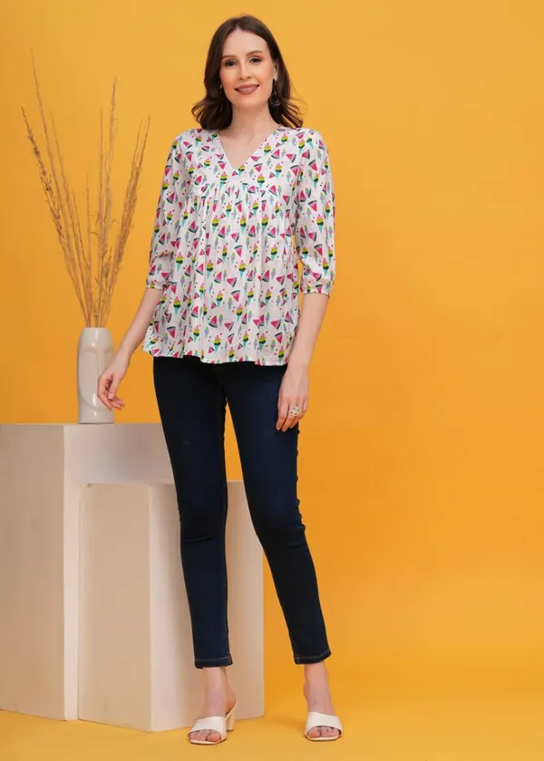 White_Printed_V_Neck_Gathered_Top_With_Ice_Cream_And_Watermelon_Print